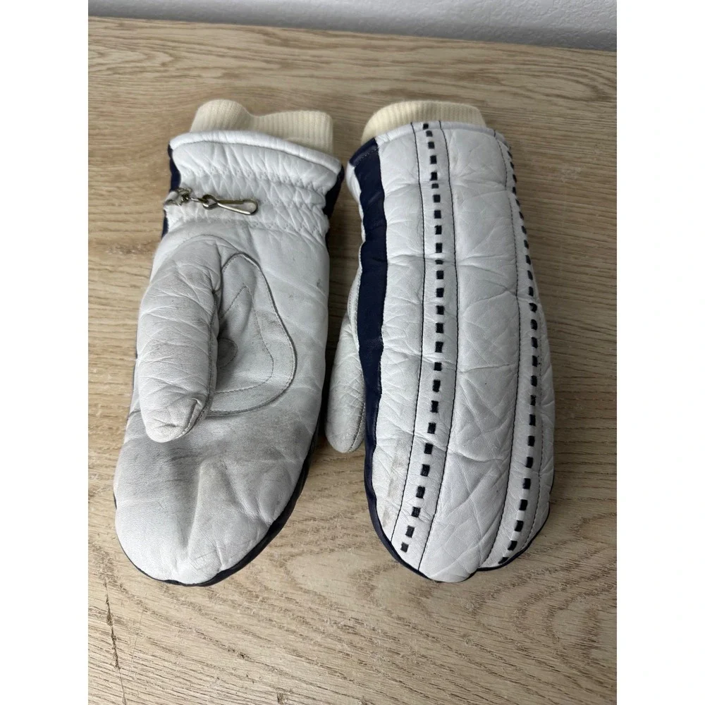 Vintage Aris Leather Ski Mittens Womens Medium White‎ Navy Blue Softan Japan
